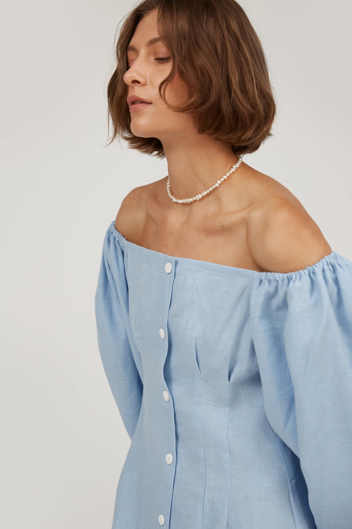 Blue linen off shoulder mini dress with puff sleeves , photo 2