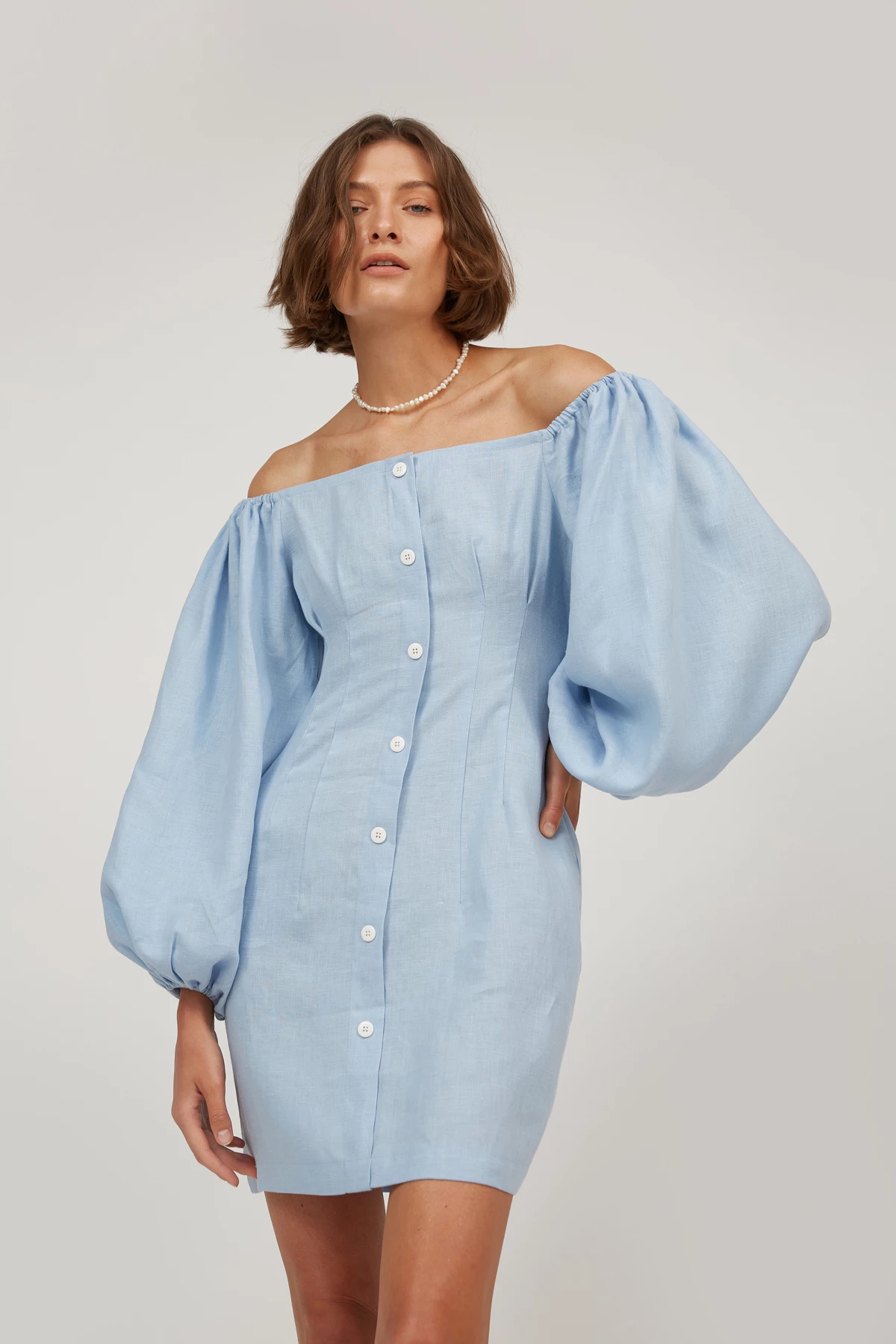 Blue linen off shoulder mini dress with puff sleeves , photo 3