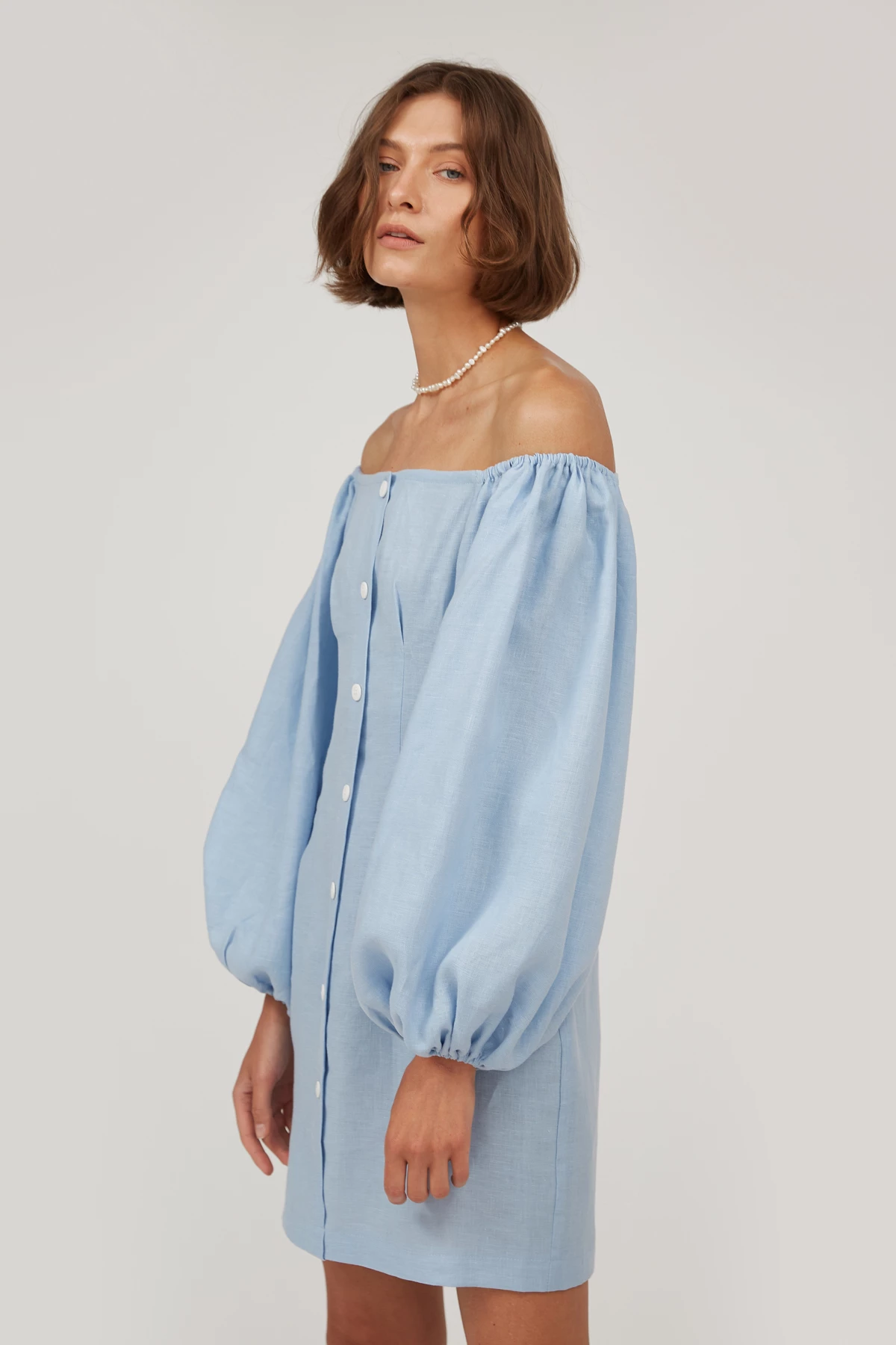Blue linen off shoulder mini dress with puff sleeves , photo 5