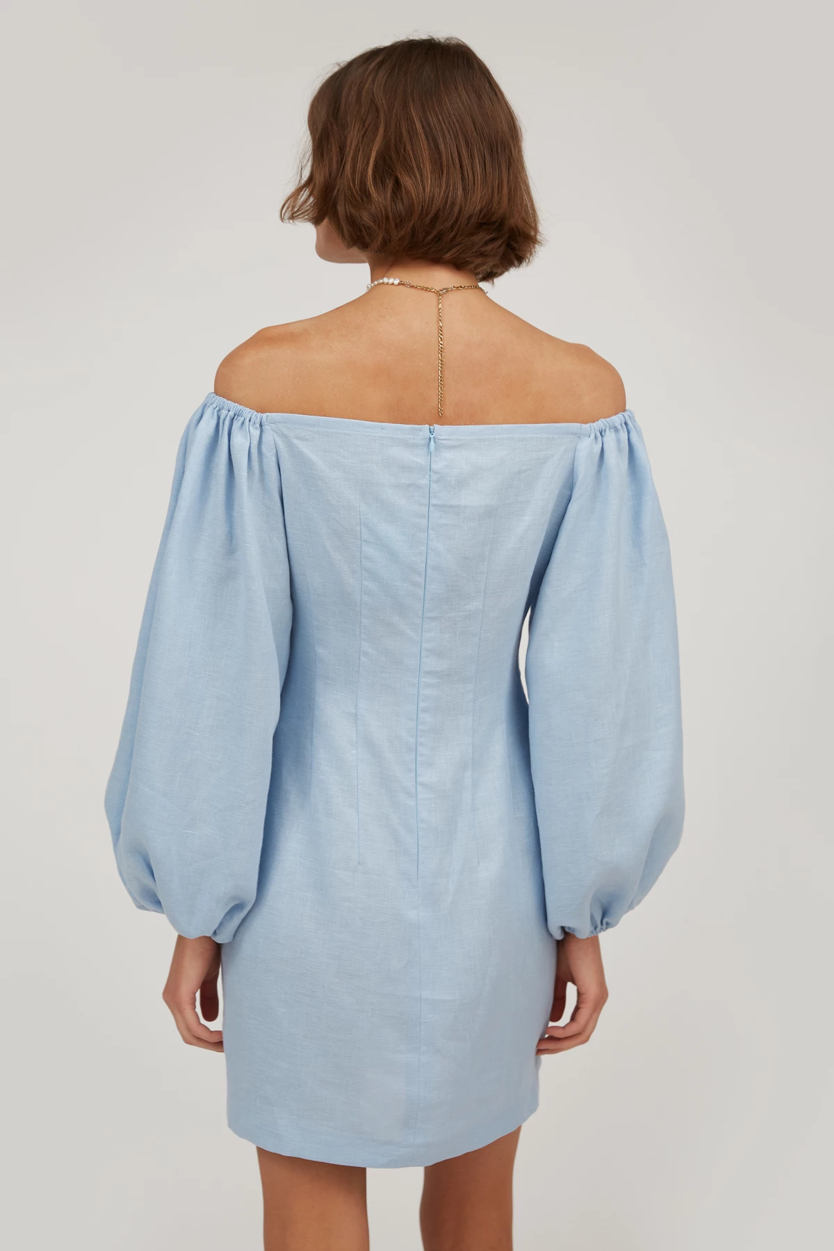 Blue linen off shoulder mini dress with puff sleeves , photo 6