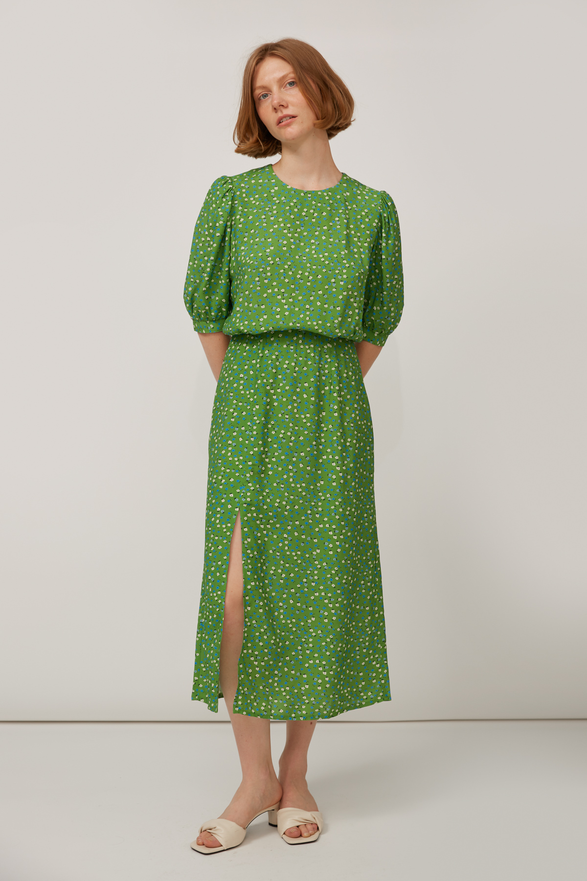 Green midi raylon dress with flower print, photo 1
