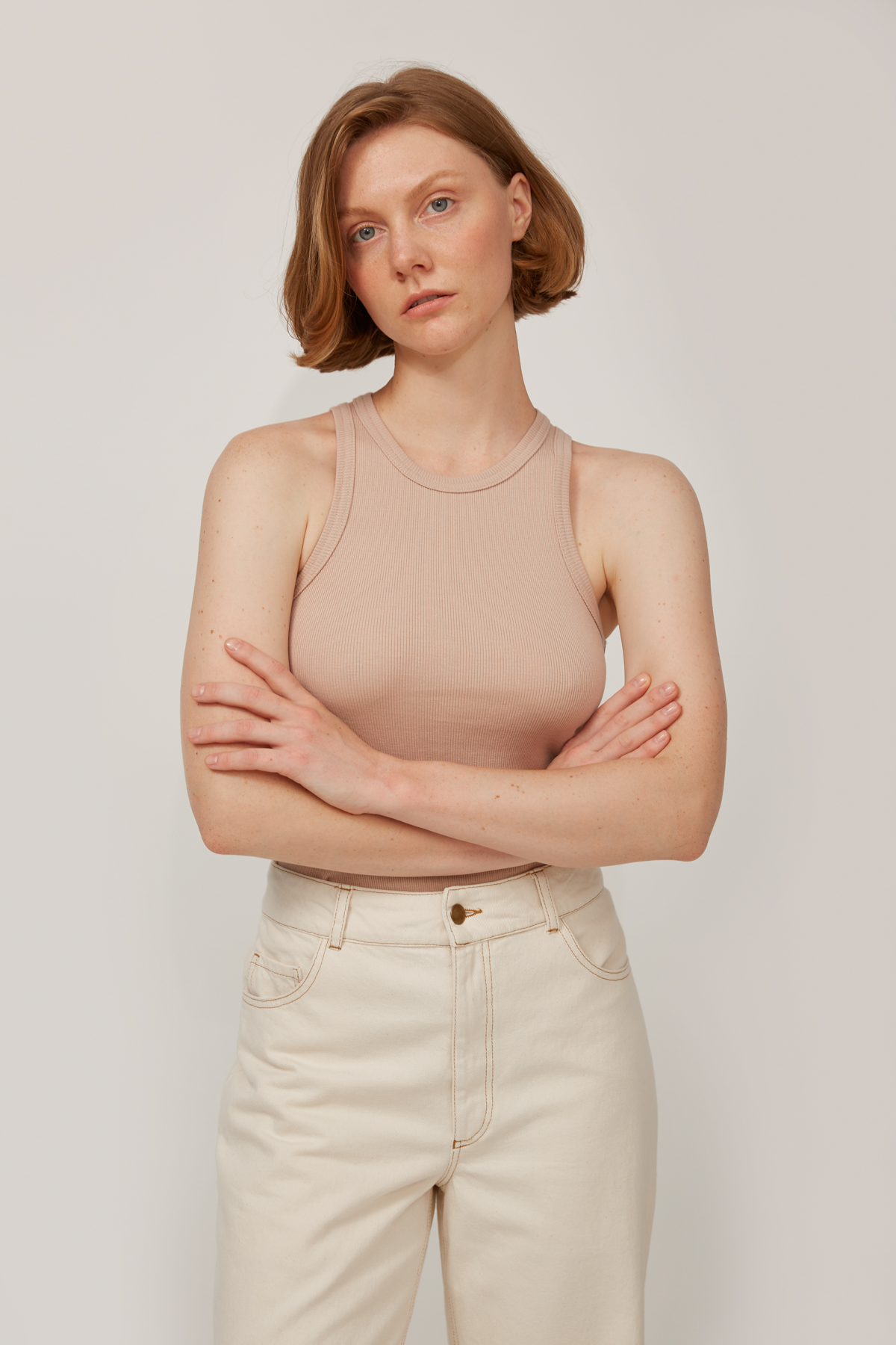 Beige ribbed jersey oval neck tank top, photo 1