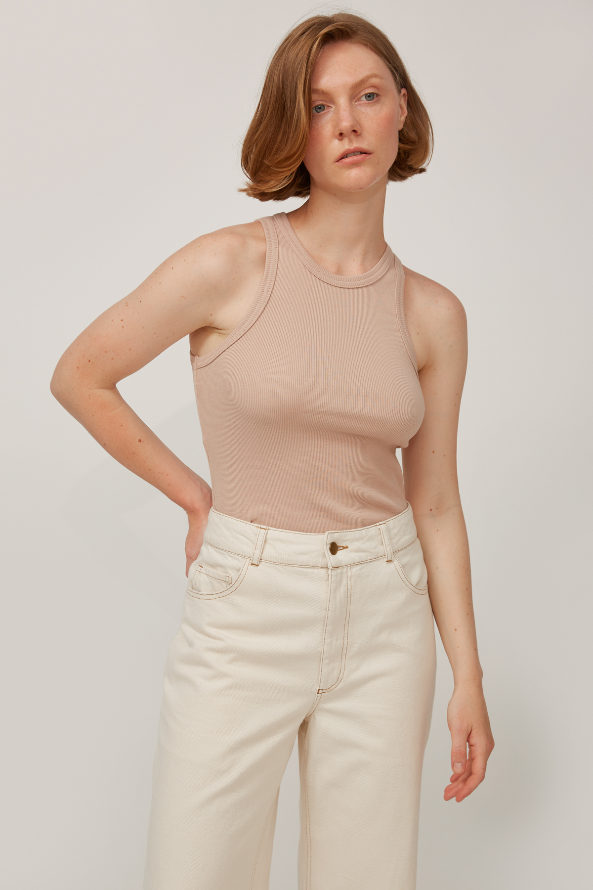 Beige ribbed jersey oval neck tank top, photo 3