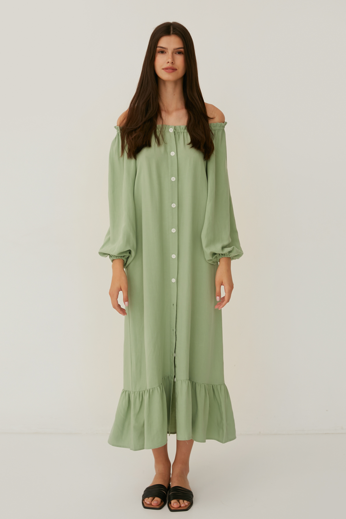 Salvia green loose-fit midi dress with linen, photo 1