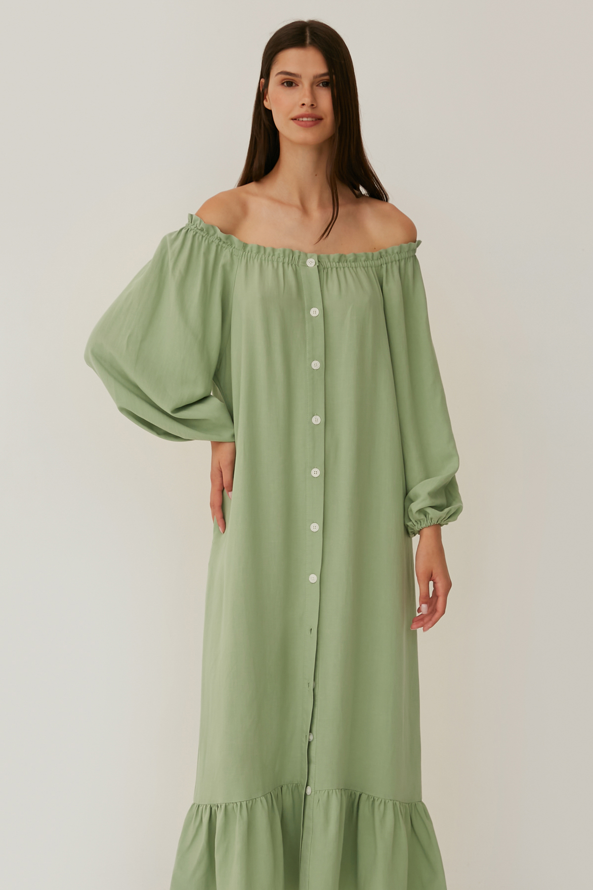 Salvia green loose-fit midi dress with linen, photo 3