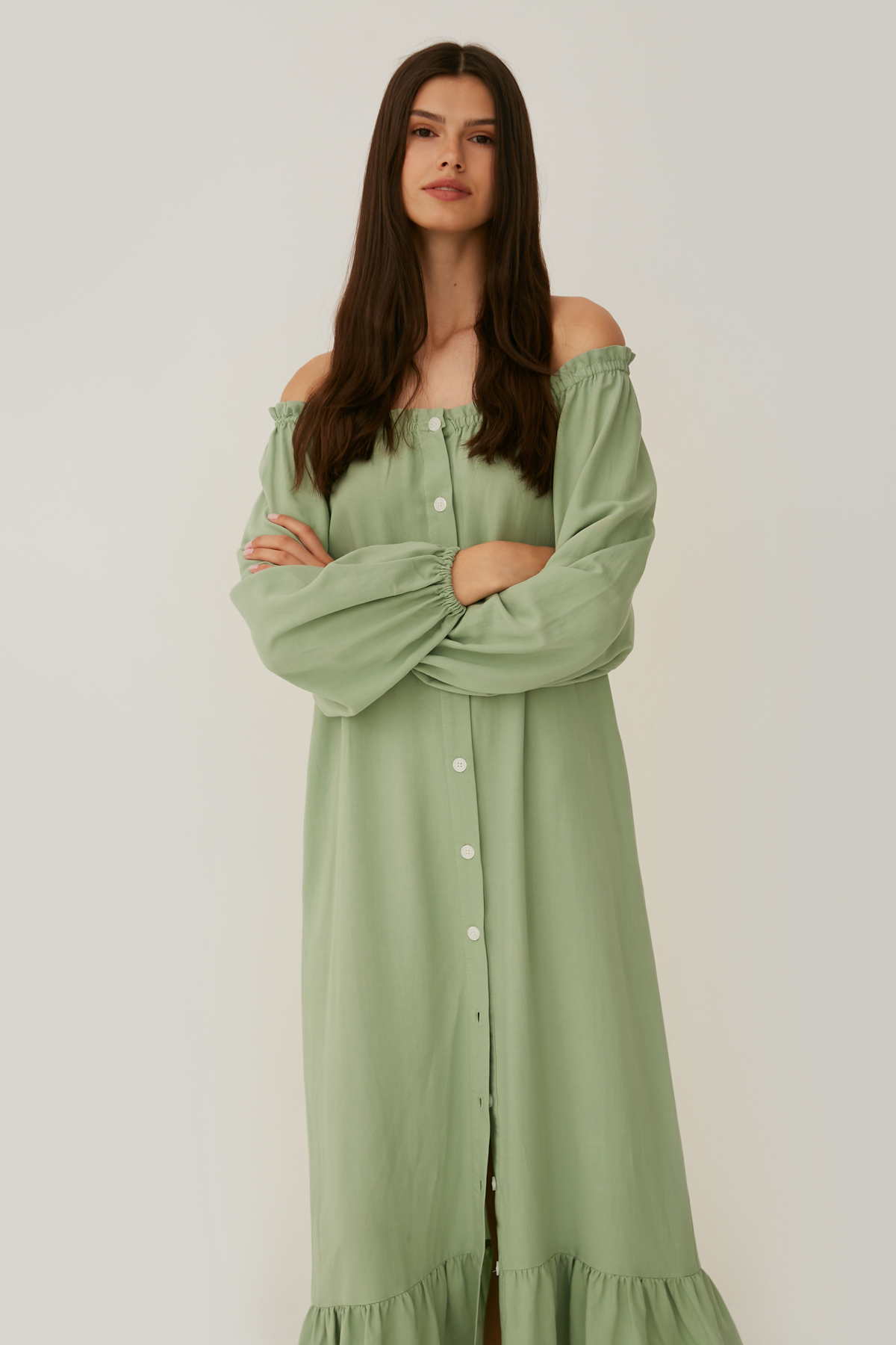 Salvia green loose-fit midi dress with linen, photo 4