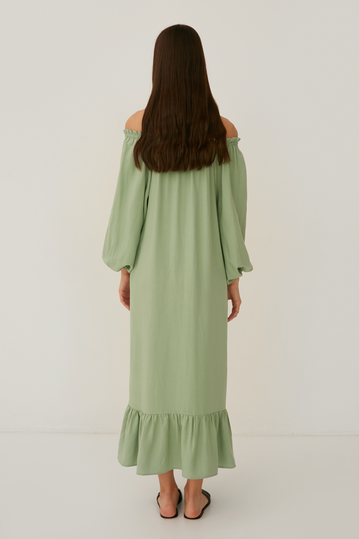 Salvia green loose-fit midi dress with linen, photo 6