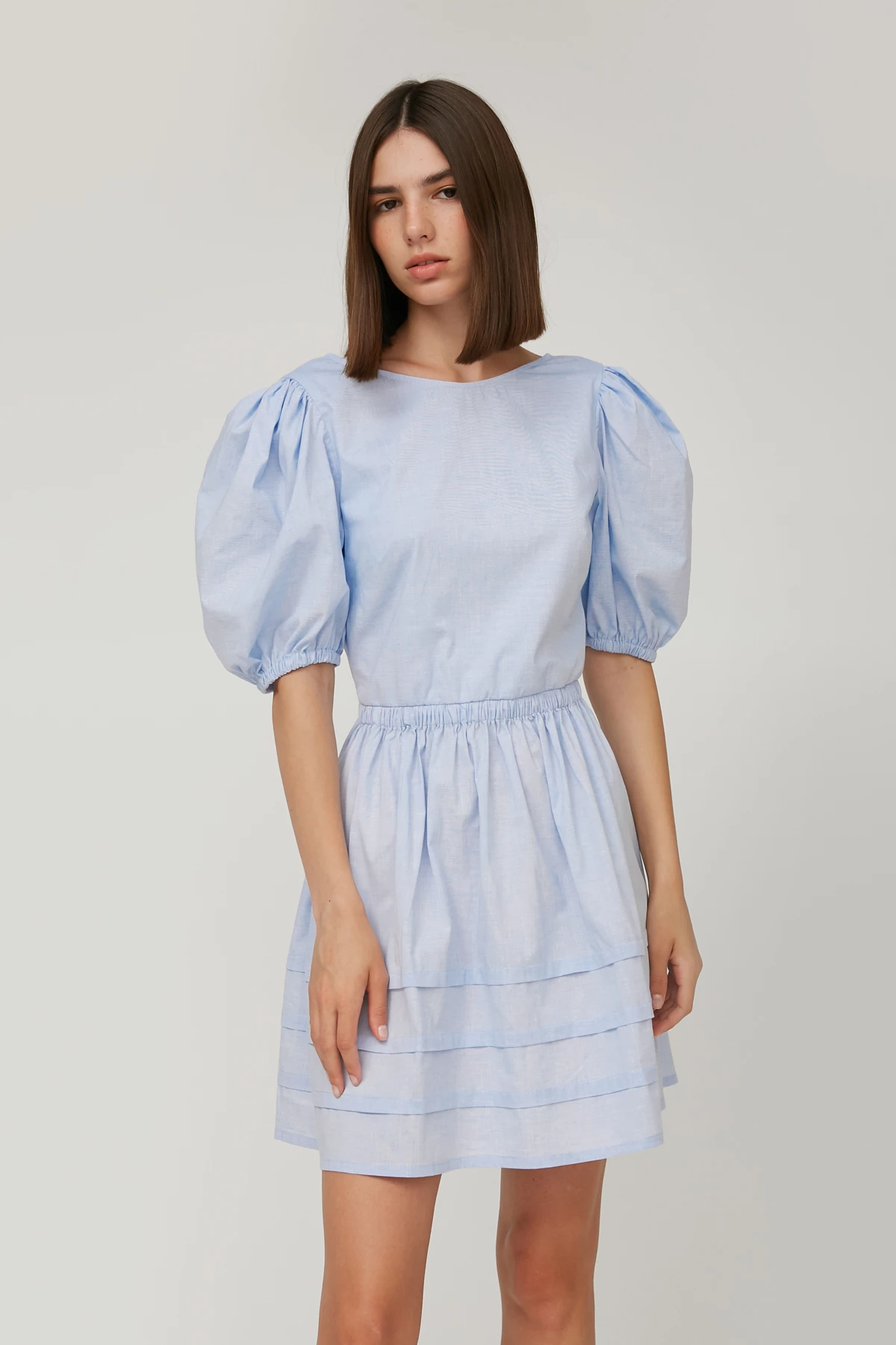 Блакитна коротка сукня з сорочкової тканини з бавовною, фото 3
