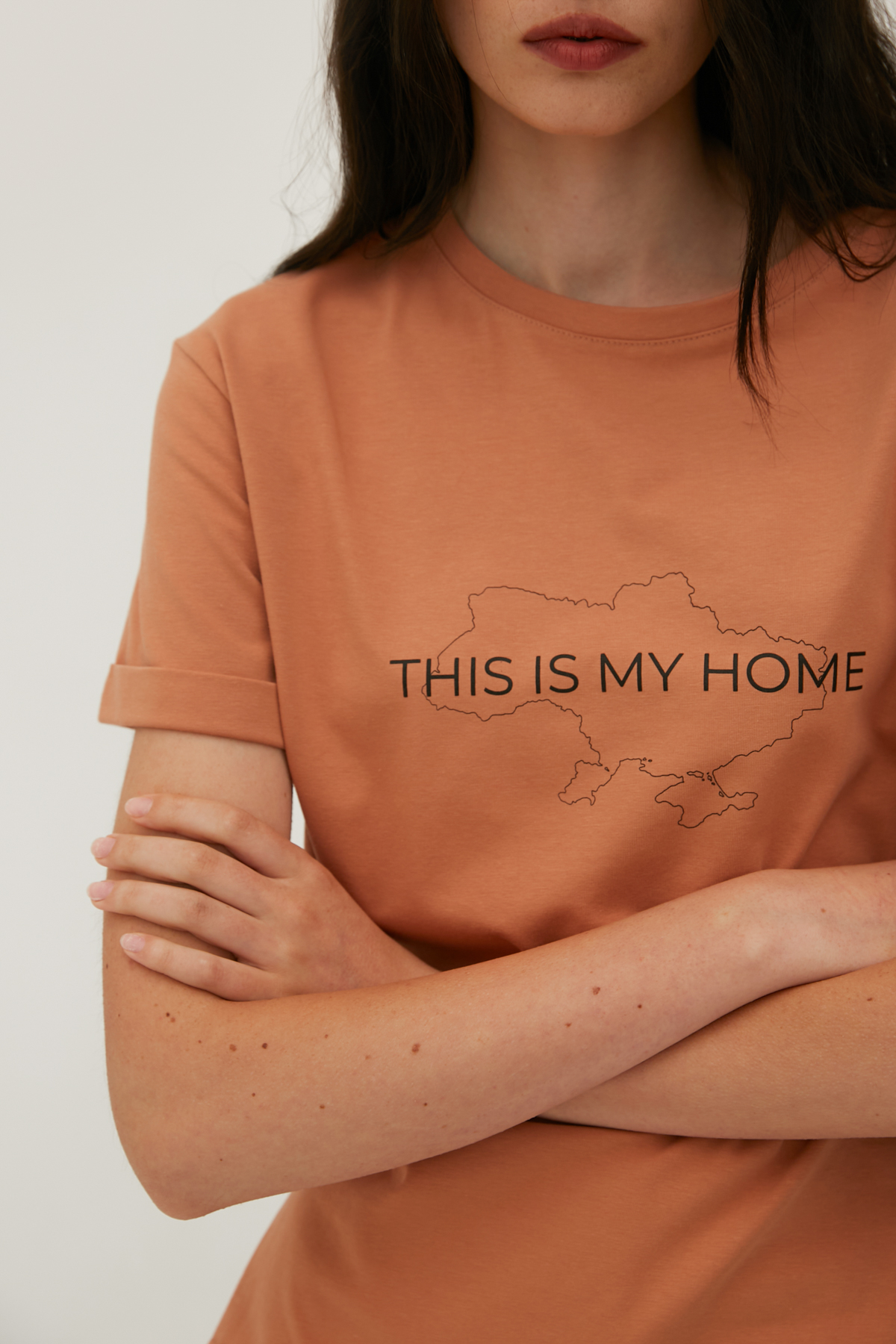 Карамельная футболка с надписью "This is my home" с широким удлиненным рукавом, фото 4