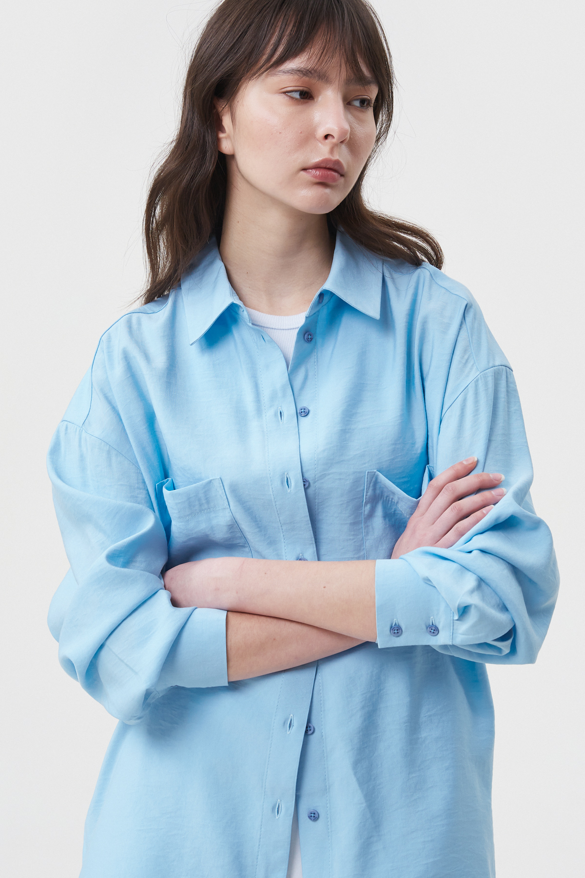 Блакитна сорочка вільного крою з віскозою, фото 4