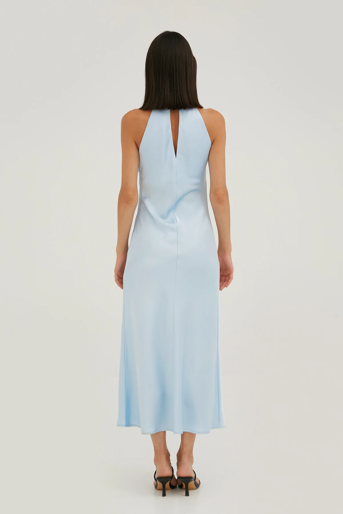 Blue satin midi dress with a high collar, photo 4