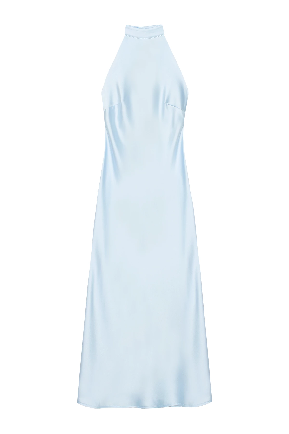 Blue satin midi dress with a high collar, photo 5