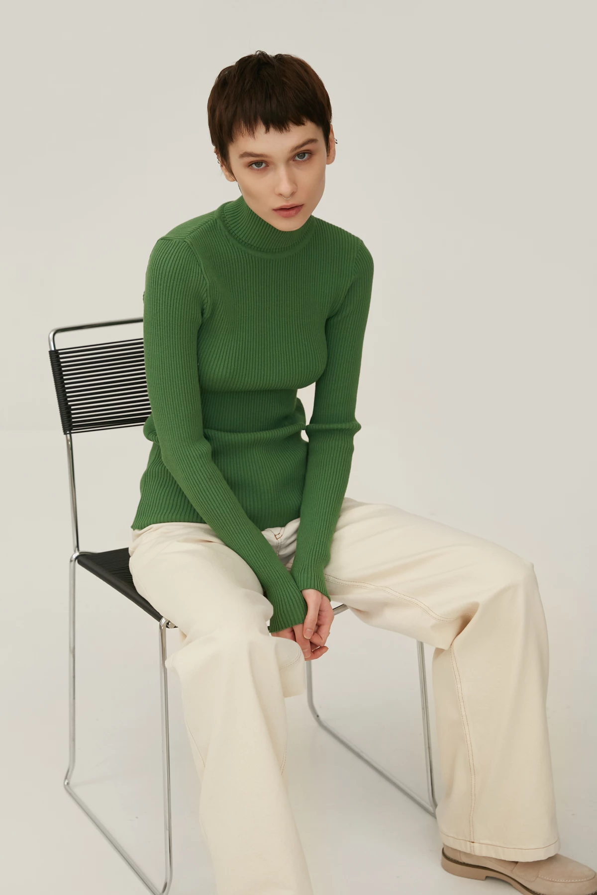 Зелений в'язаний светр в рубчик з віскозою, фото 5