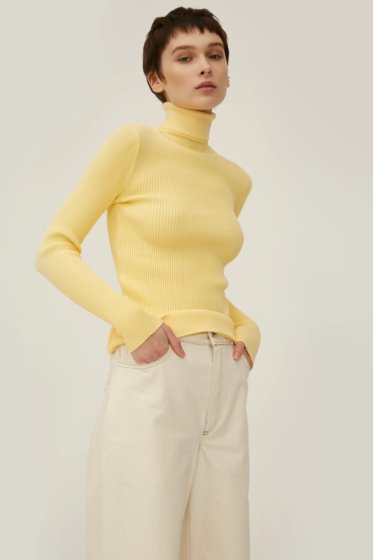 Yellow ribbed knit sweater with viscose, photo 2