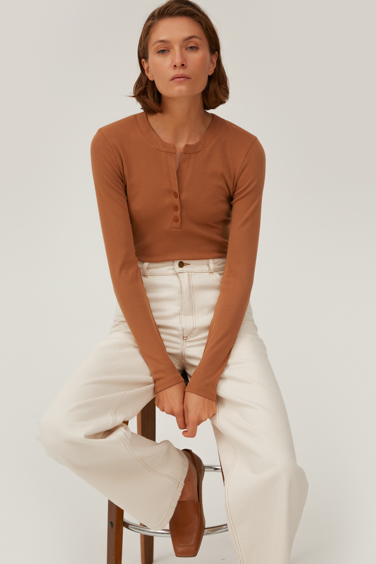 Caramel ribbed jersey jumper with a stripe, photo 1