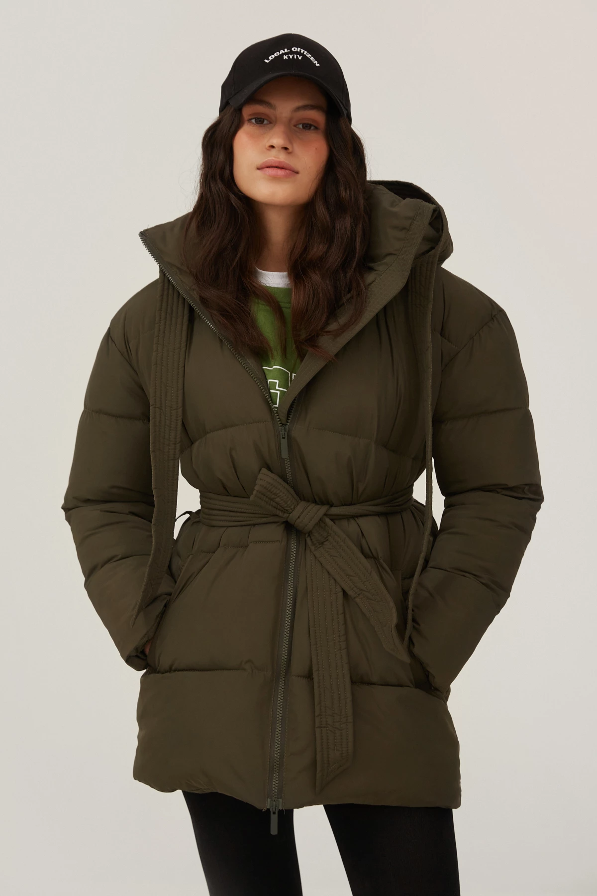 Khaki quilted jacket with a detachable hood, photo 1
