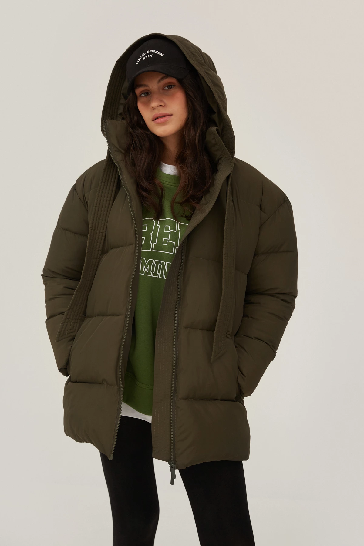 Khaki quilted jacket with a detachable hood, photo 5