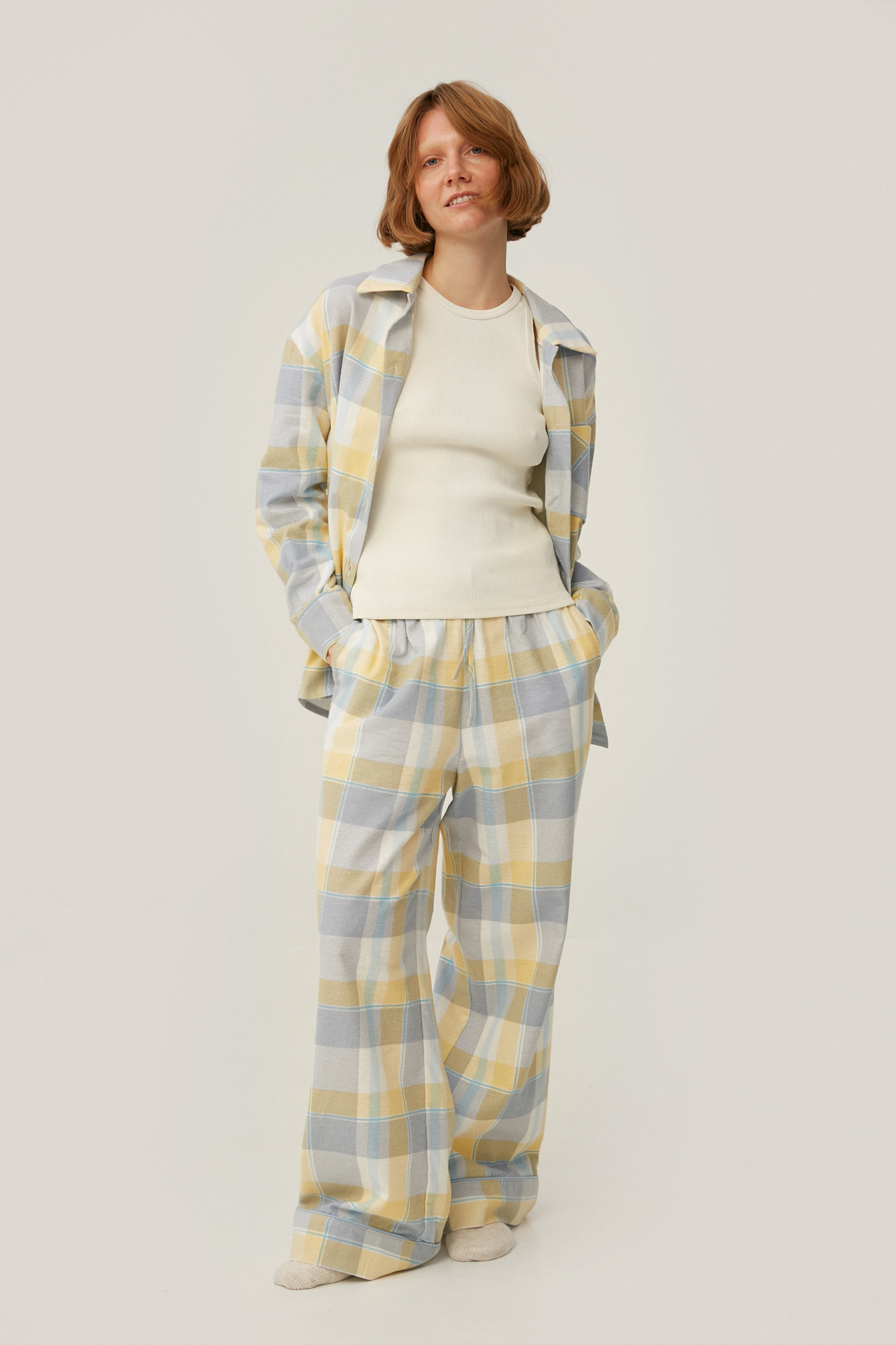 Pajama flanelette loose-fit pants in yellow and blue check, photo 1