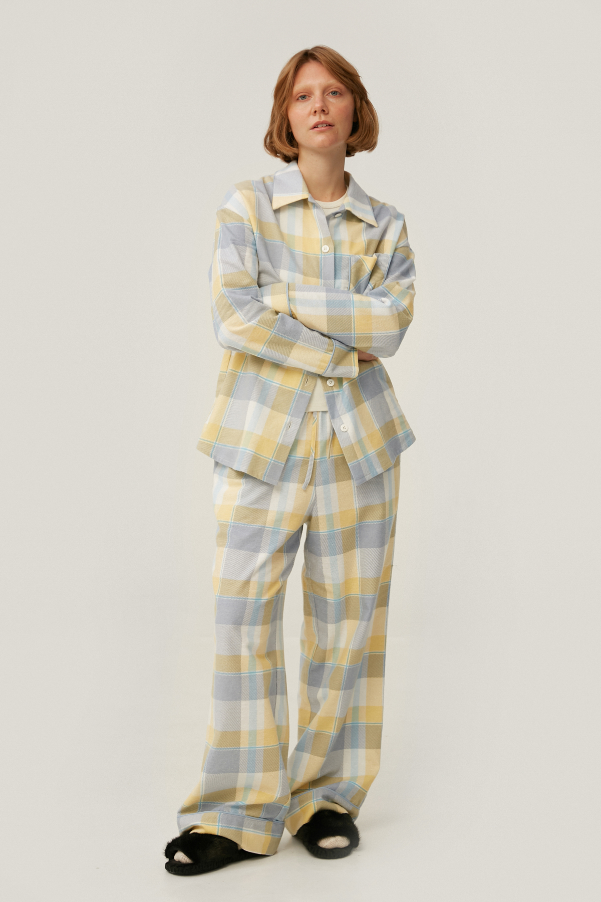 Pajama flanelette loose-fit pants in yellow and blue check, photo 2