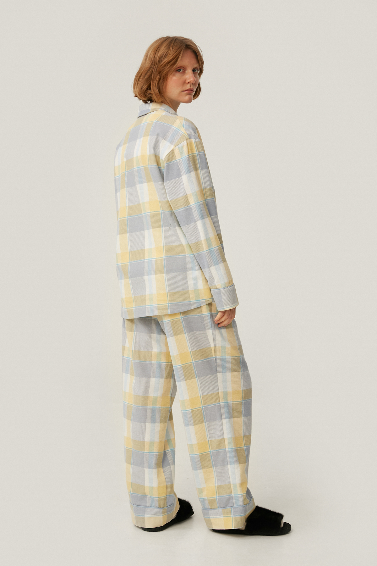 Pajama flanelette loose-fit pants in yellow and blue check, photo 3