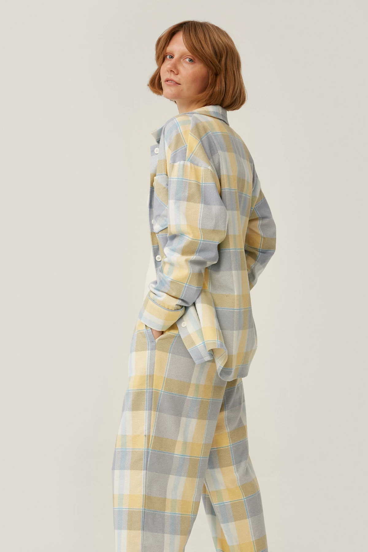 Pajama flanelette shirt in yellow and blue check, photo 2