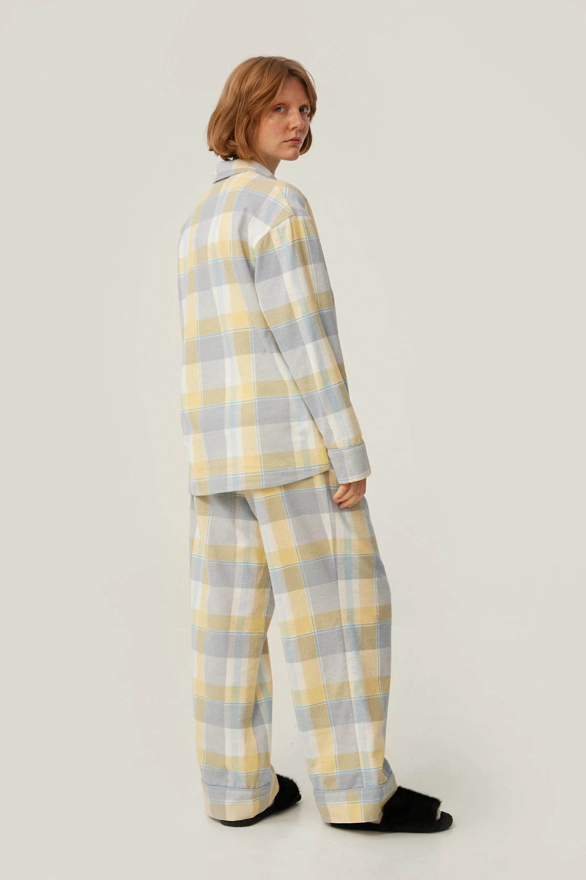 Pajama flanelette shirt in yellow and blue check, photo 4