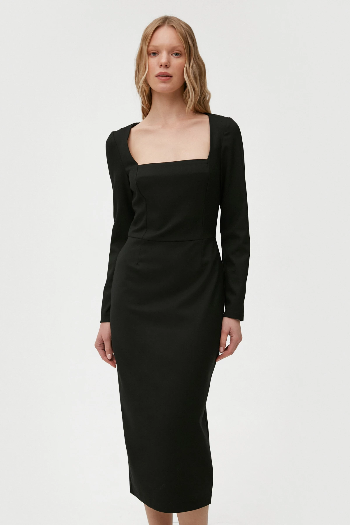 Black midi dress made of suiting fabric with wool, photo 3
