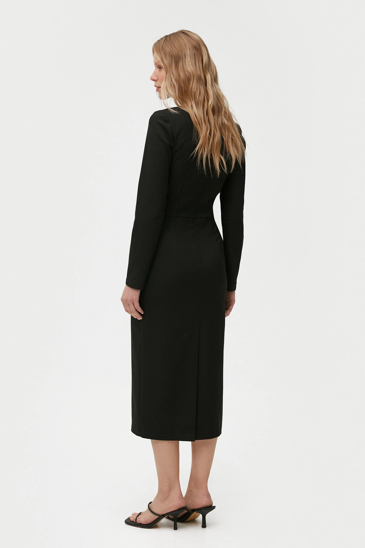Приталена сукня міді з чорної костюмної тканини з вовною, фото 4