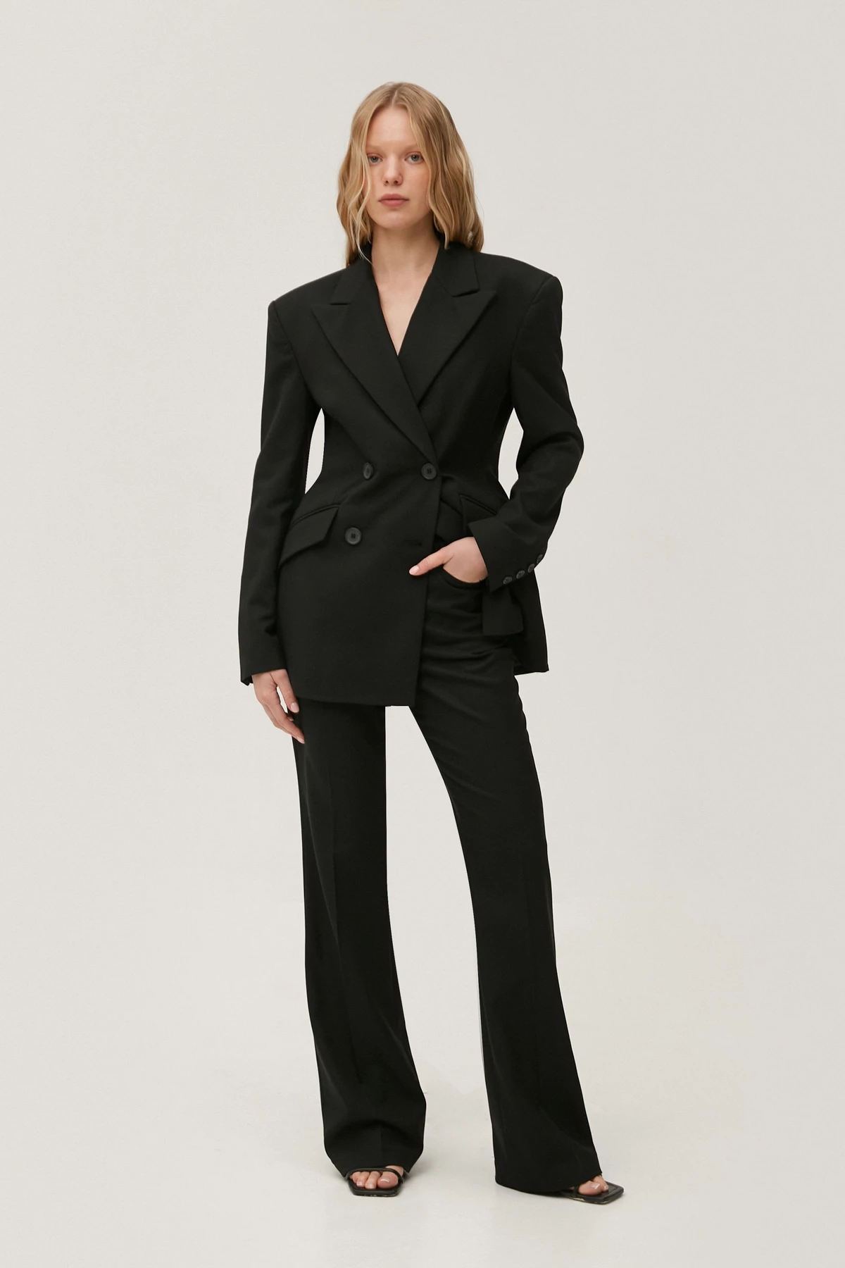 Flared black pants made of suiting fabric with wool, photo 2