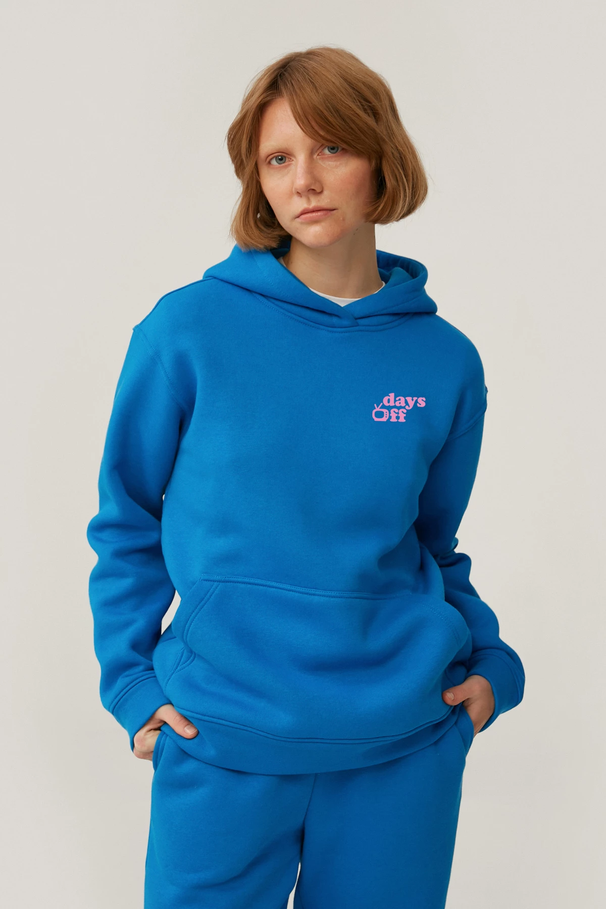 Elelctric blue jersey hoodie "Days off" with fleece, photo 1