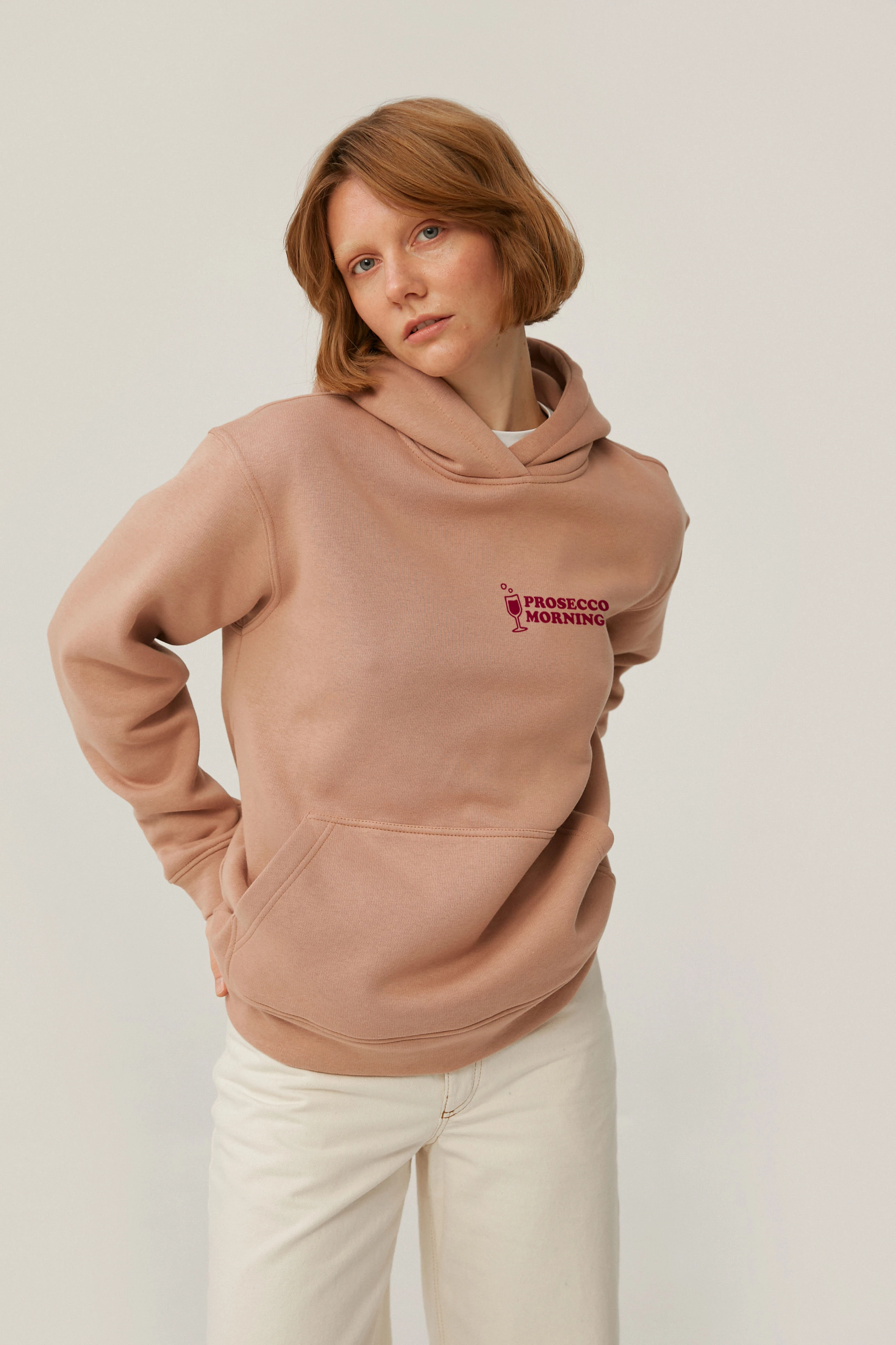 Beige jersey hoodie "Prosecco morning" with fleece, photo 4