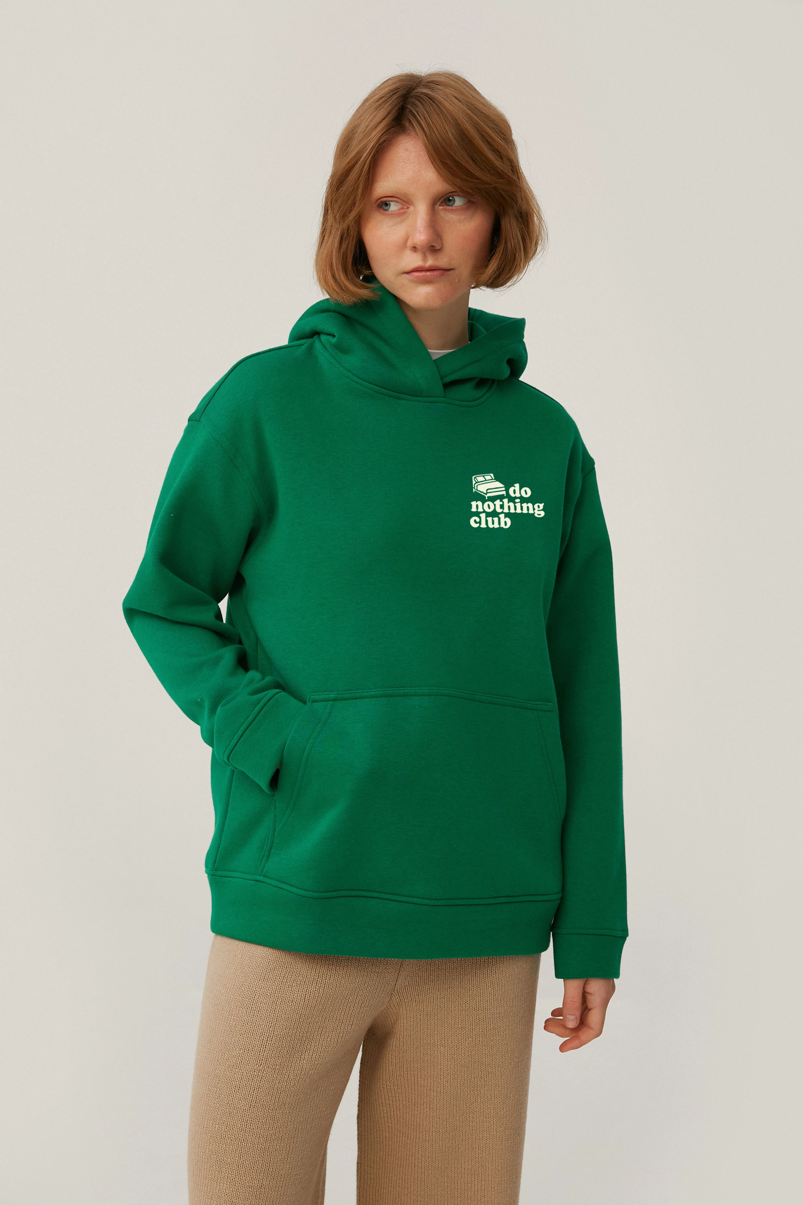 Green jersey hoodie "Do nothing club" with fleece, photo 2