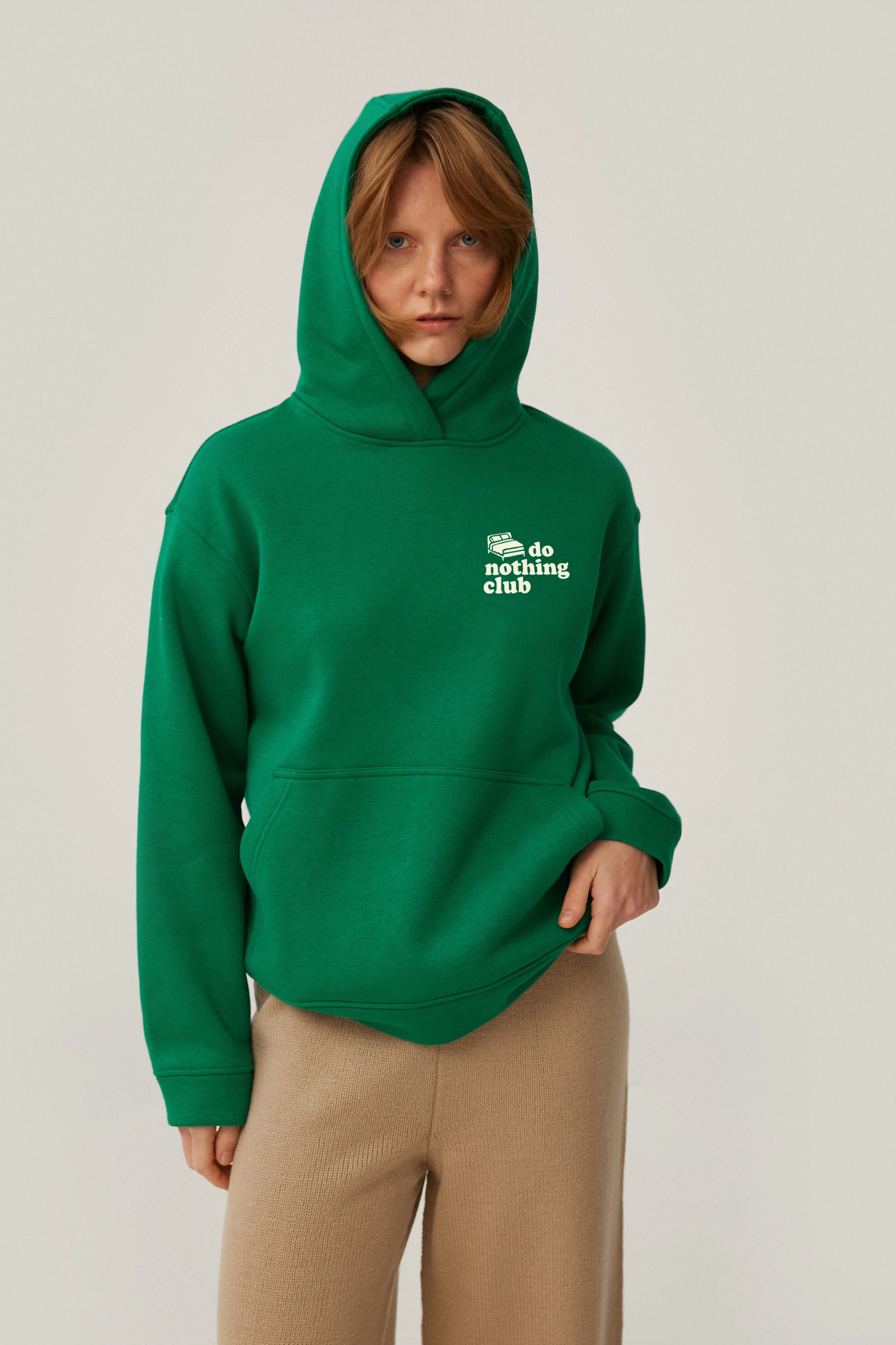Green jersey hoodie "Do nothing club" with fleece, photo 1