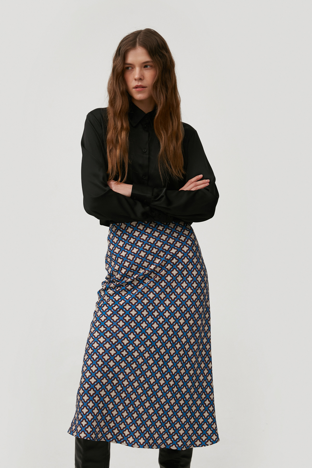 Blue midi tencel skirt with geometric print, photo 1