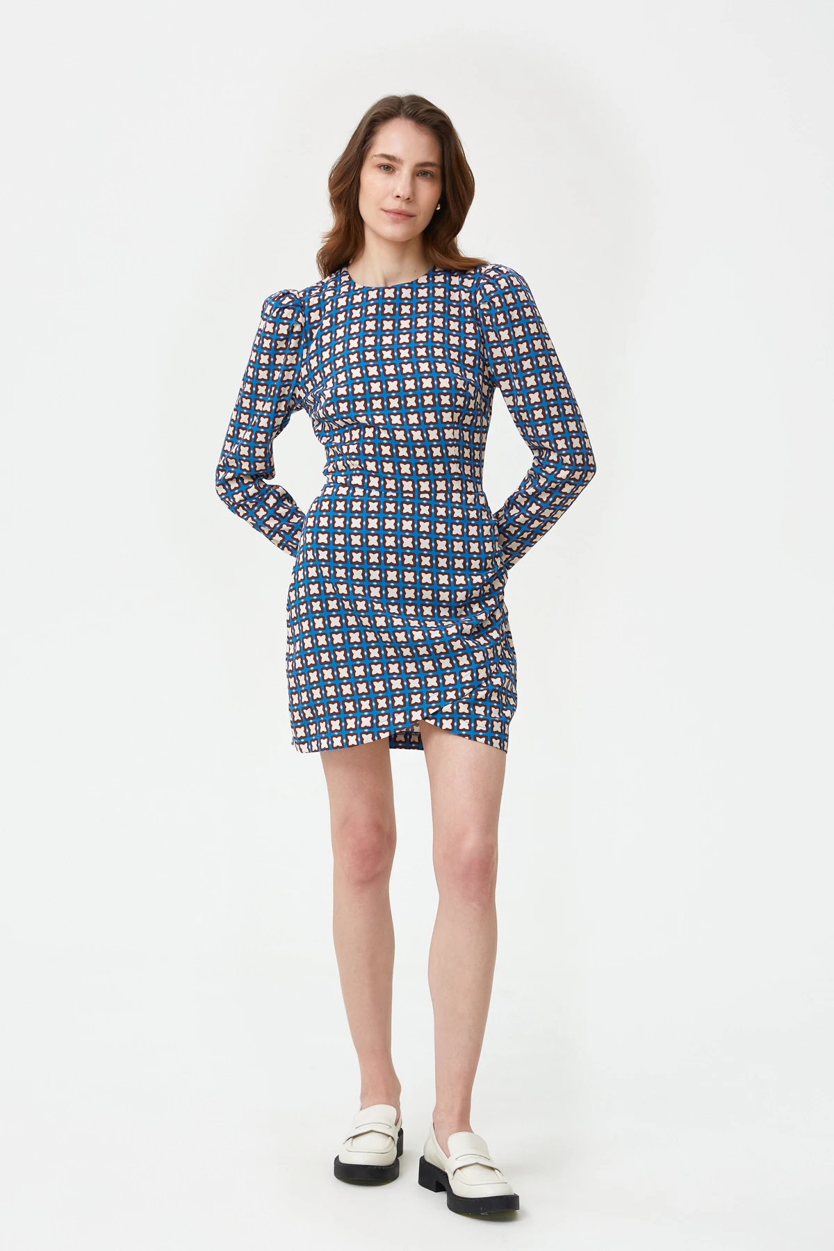 Blue short bodycon tencel dress with geometric print, photo 2