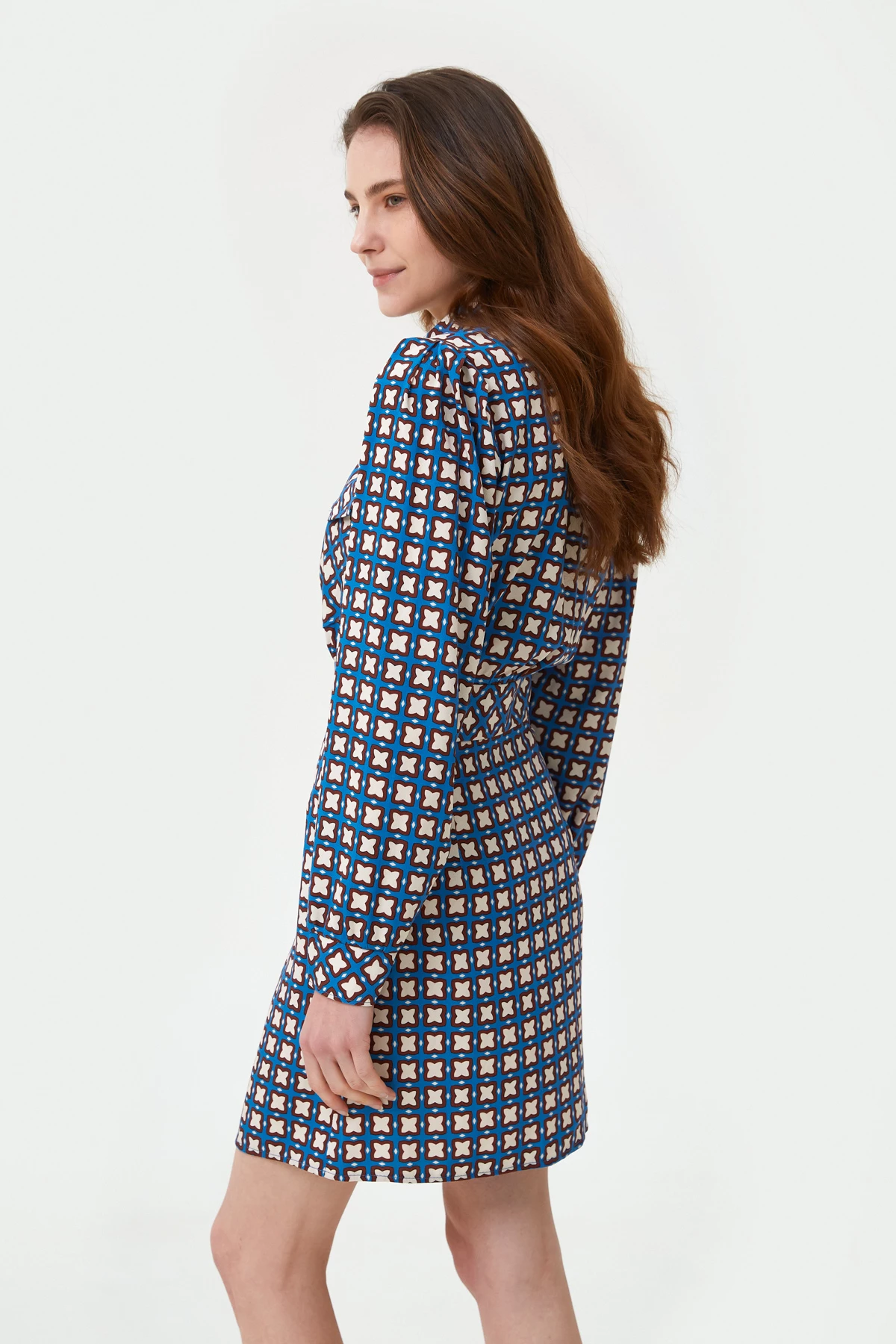 Blue short tencel dress with shirt collar in geometric print, photo 3