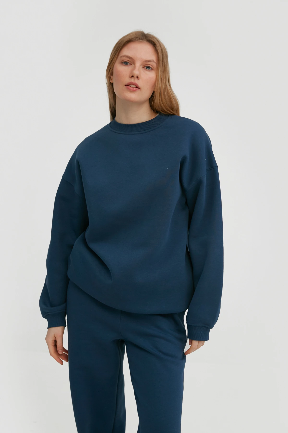 Navy blue loose-fit jersey sweatshirt with fleece, photo 1
