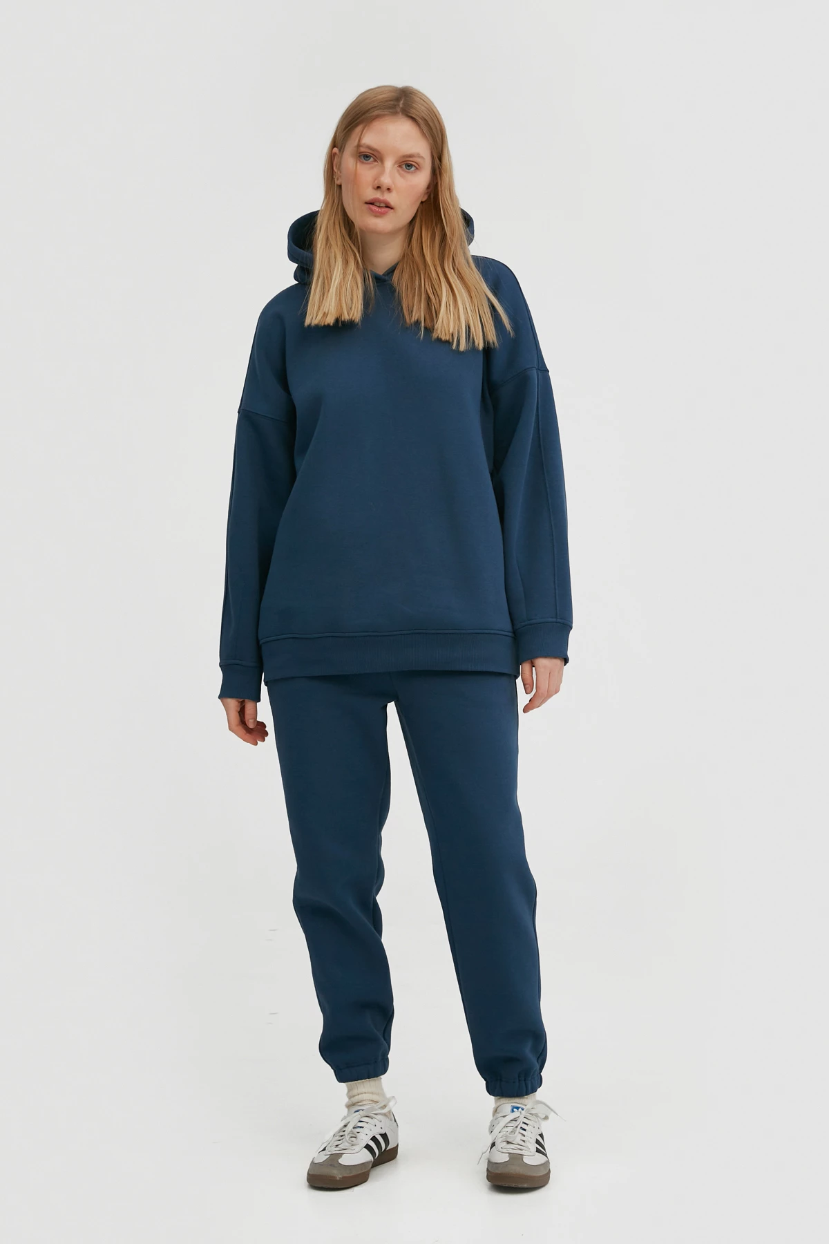 Navy blue cropped jersey joggers with fleece, photo 1