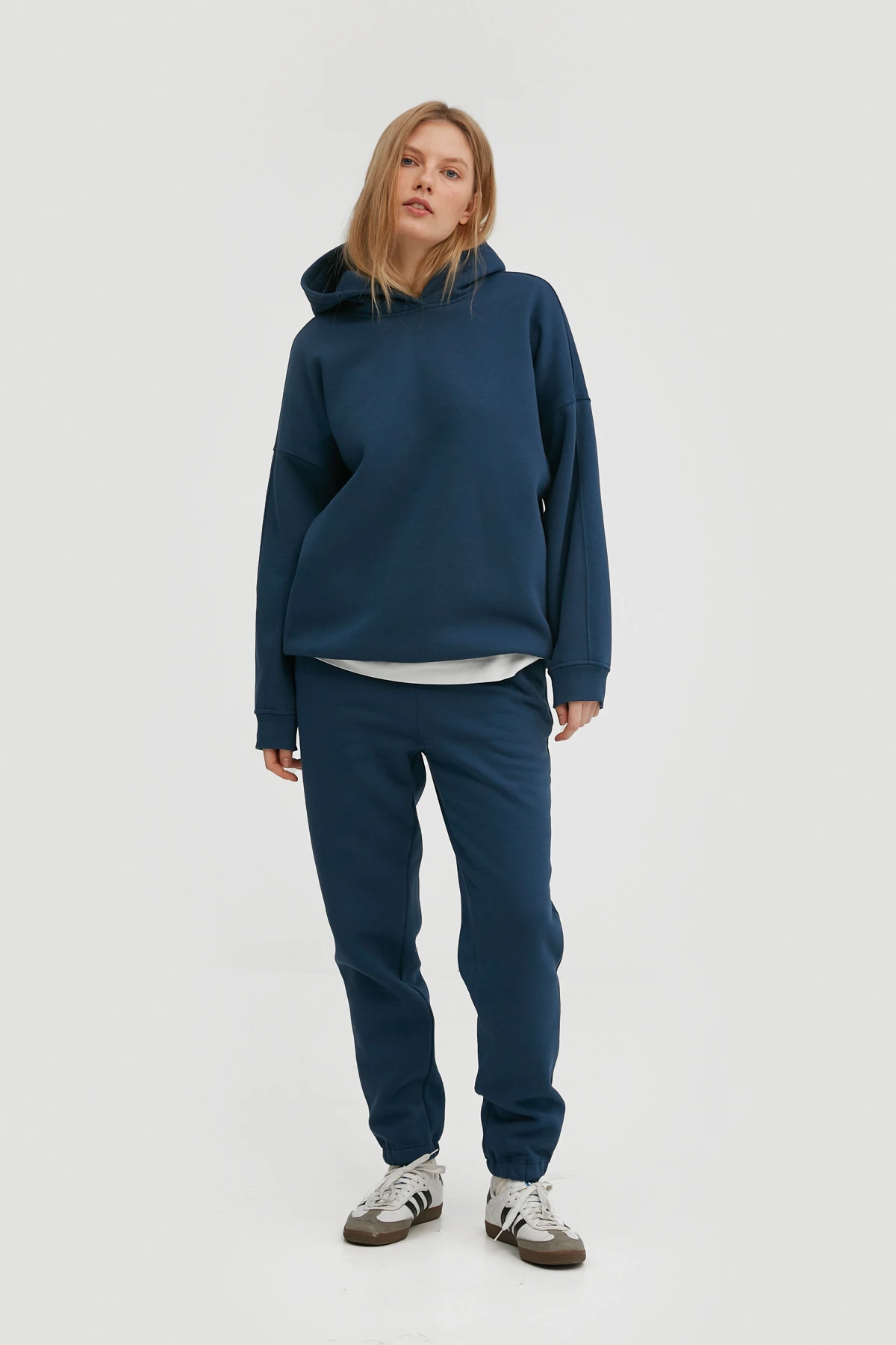Navy blue elongated jersey joggers with fleece, photo 1