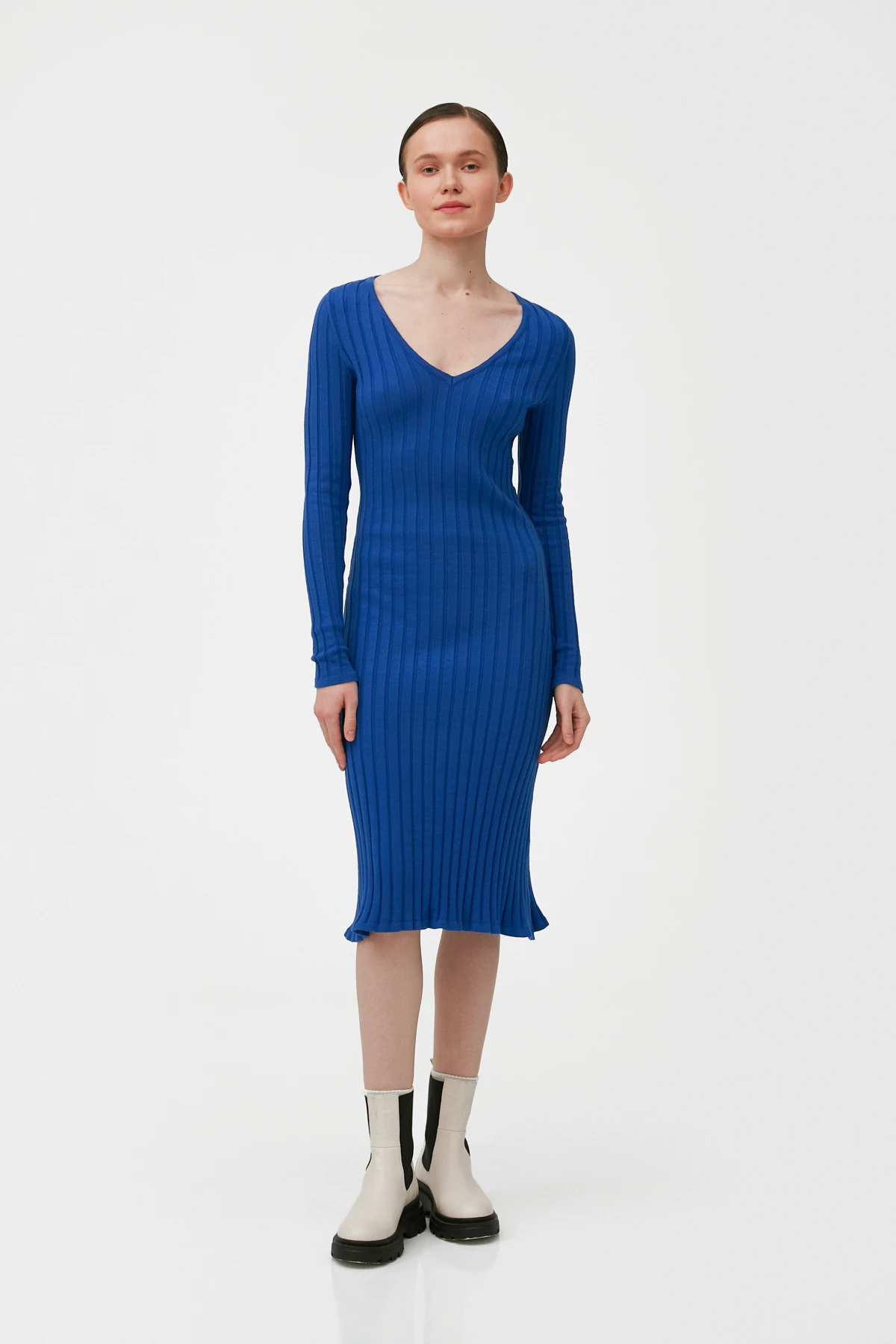 Navy blue ribbed knitted below the knee length dress with viscose, photo 1