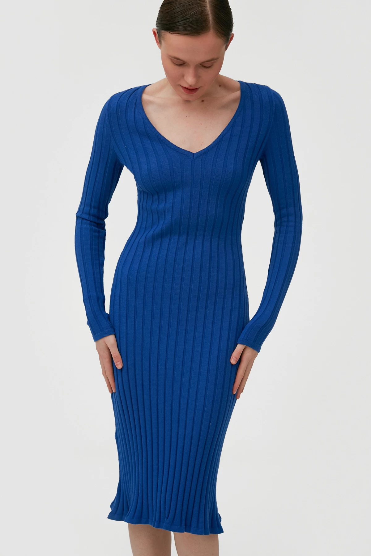 Navy blue ribbed knitted below the knee length dress with viscose, photo 3