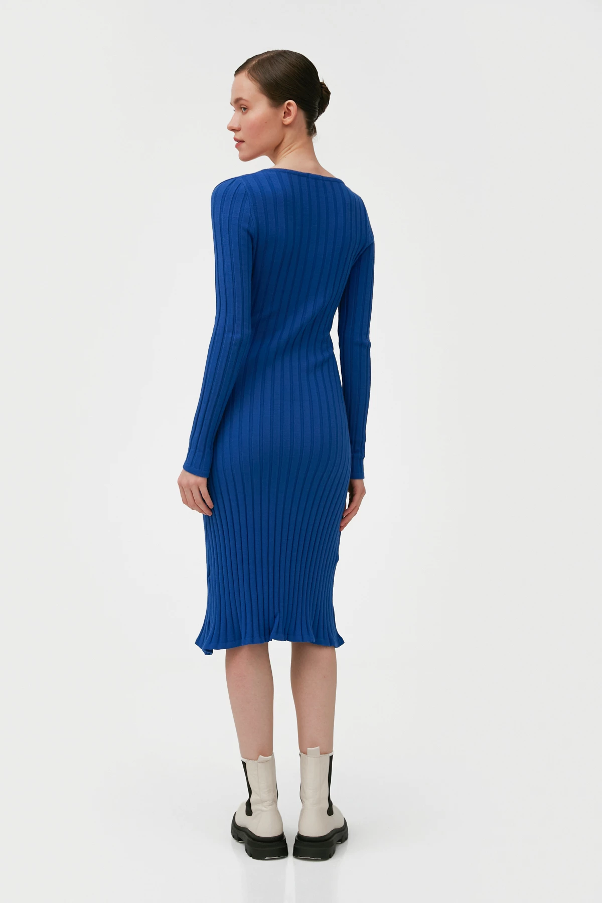 Navy blue ribbed knitted below the knee length dress with viscose, photo 5