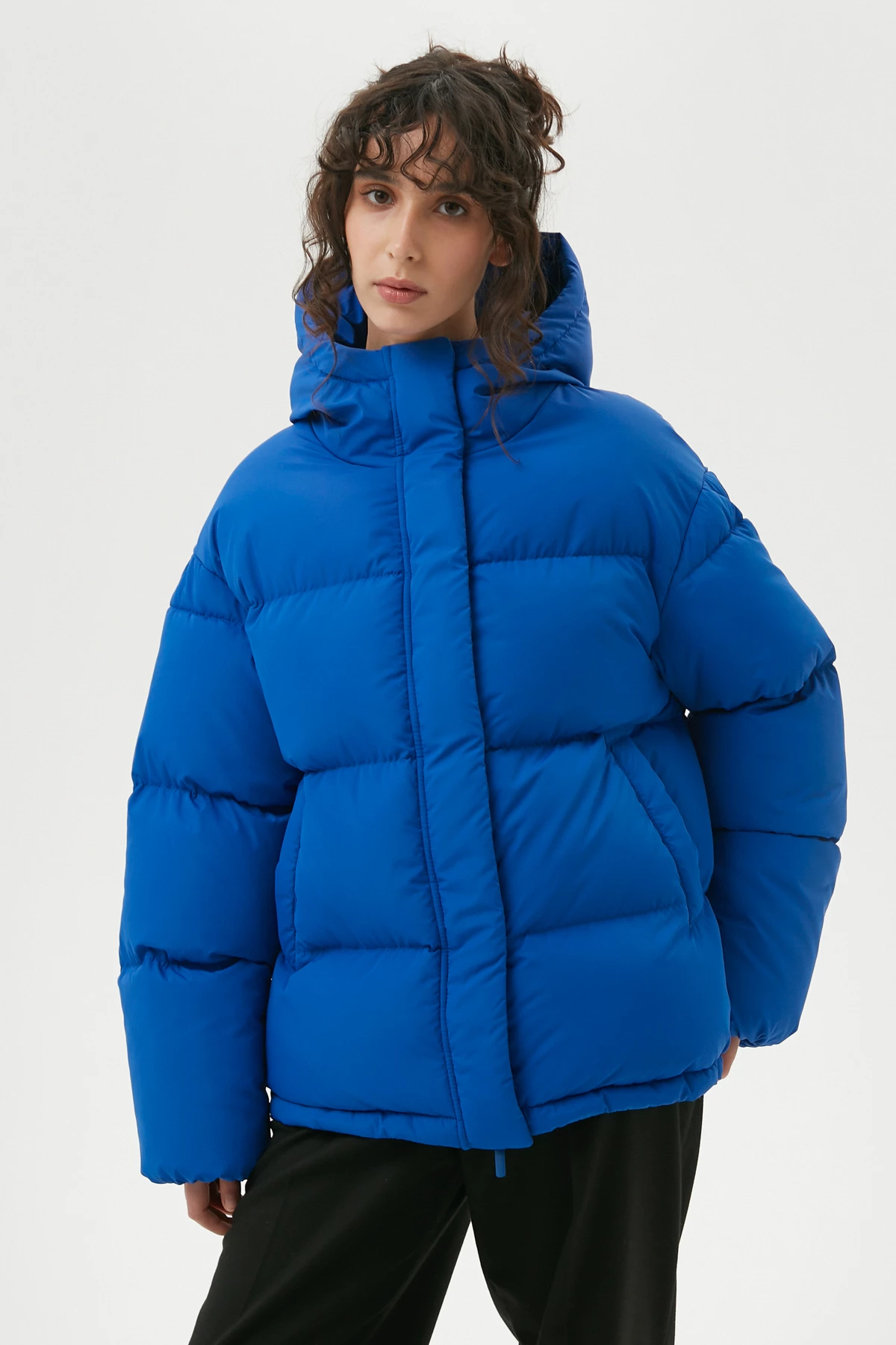 Синя стьобана куртка з утеплювачем екопух, фото 4
