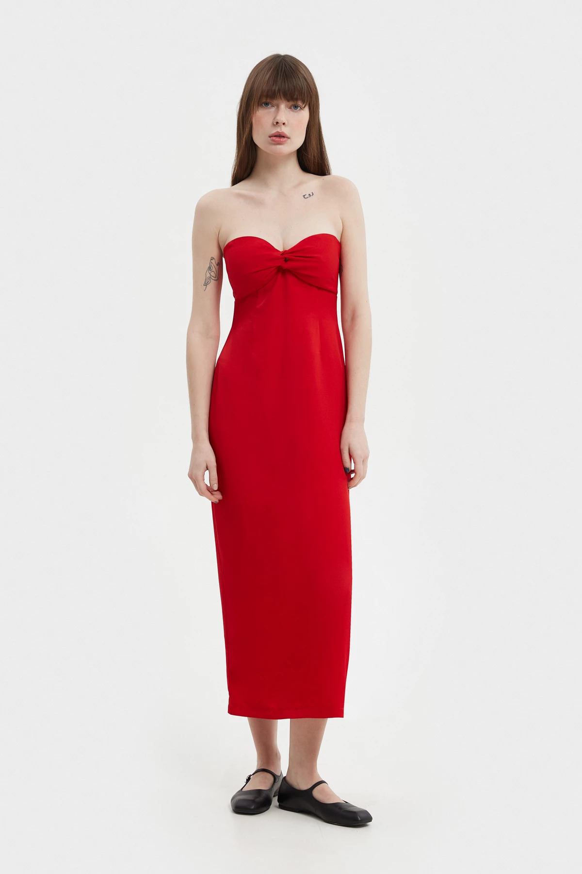 Red elongated midi bustier dress with viscose, photo 3