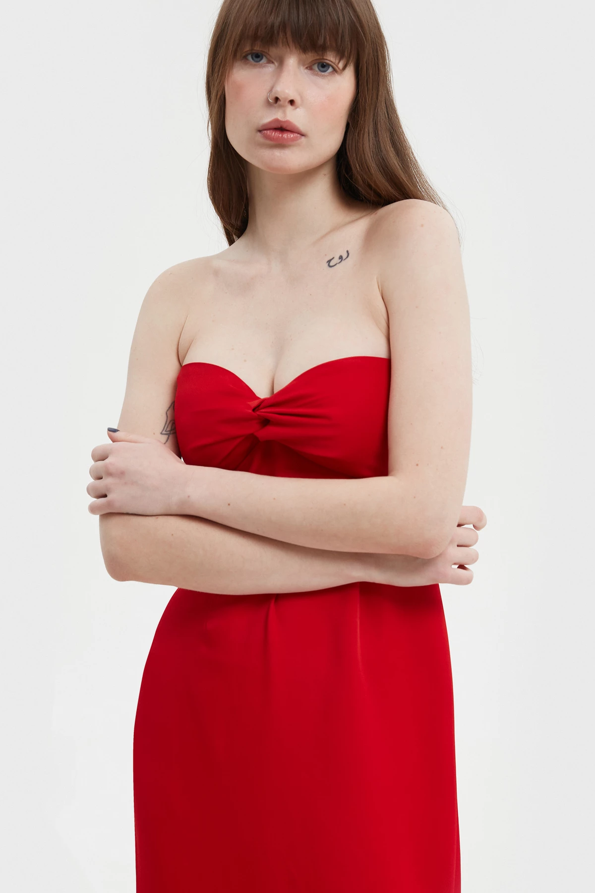 Red elongated midi bustier dress with viscose, photo 4
