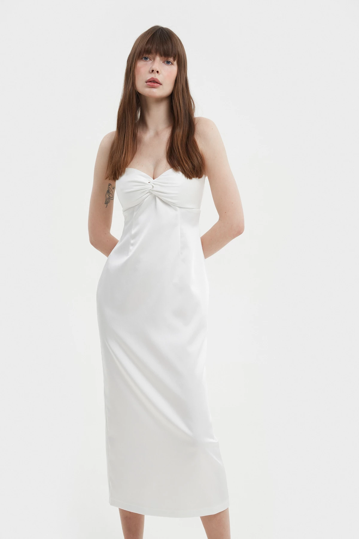 Молочна сатинова сукня-бюстьє довге міді, фото 2