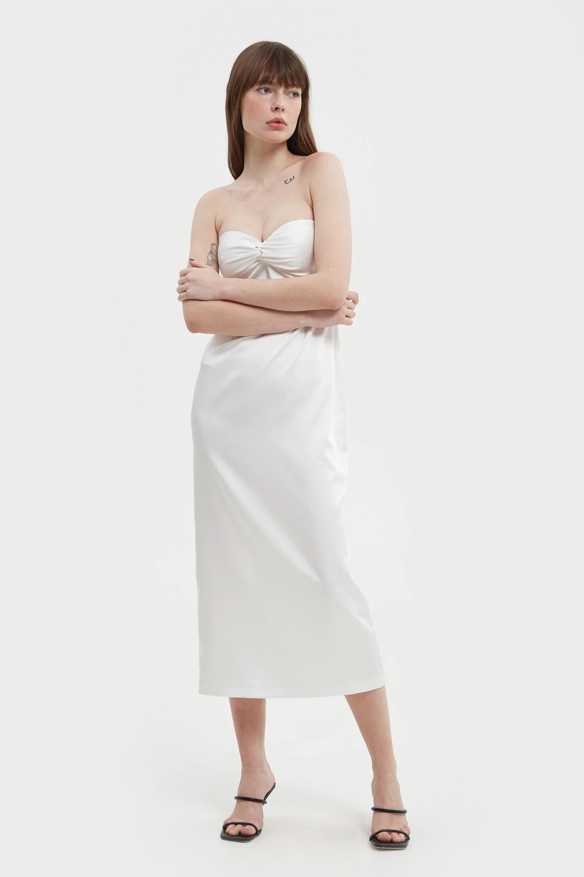 Молочна сатинова сукня-бюстьє довге міді, фото 3
