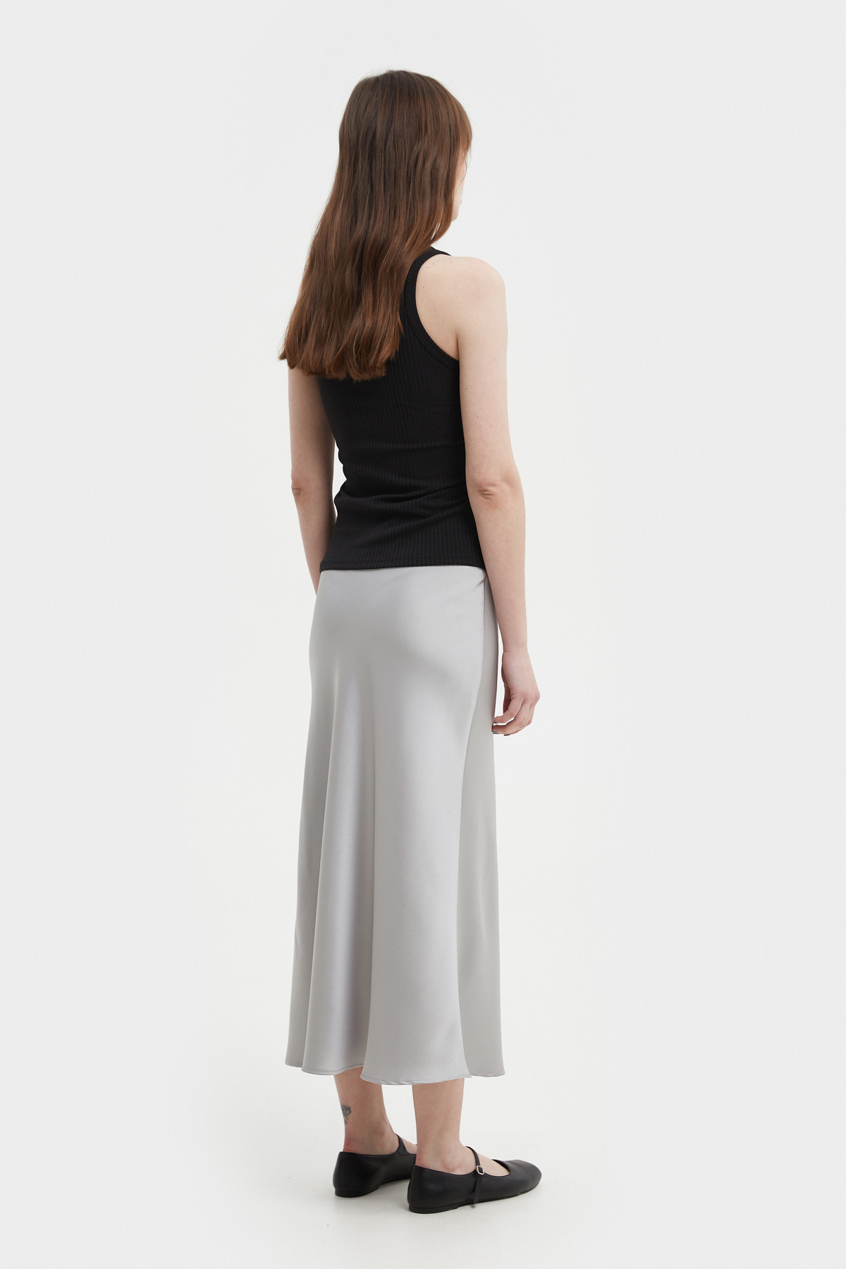 Silver chrome satin elongated midi skirt, photo 4