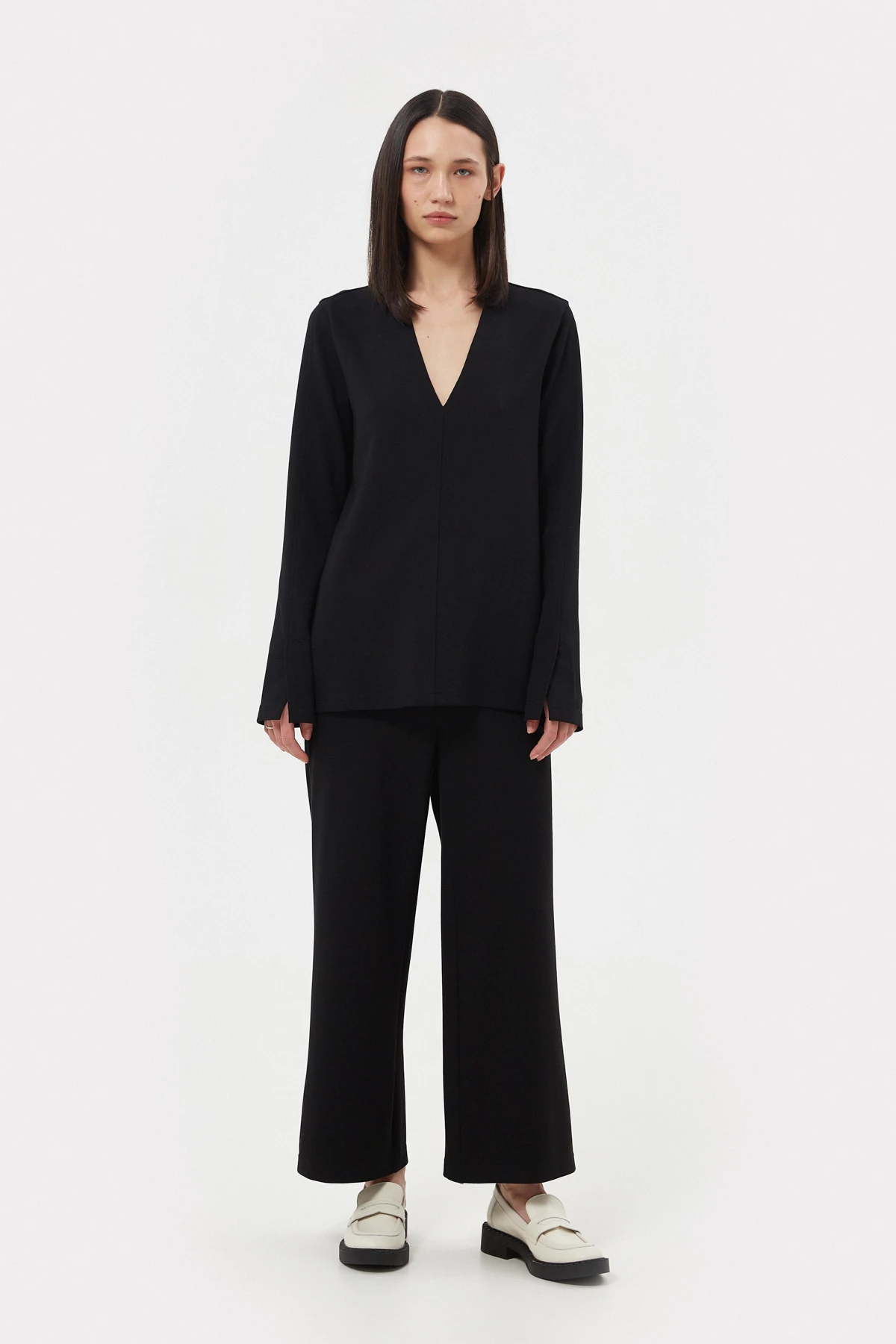 Black jersey loose-fit cropped pants, photo 1