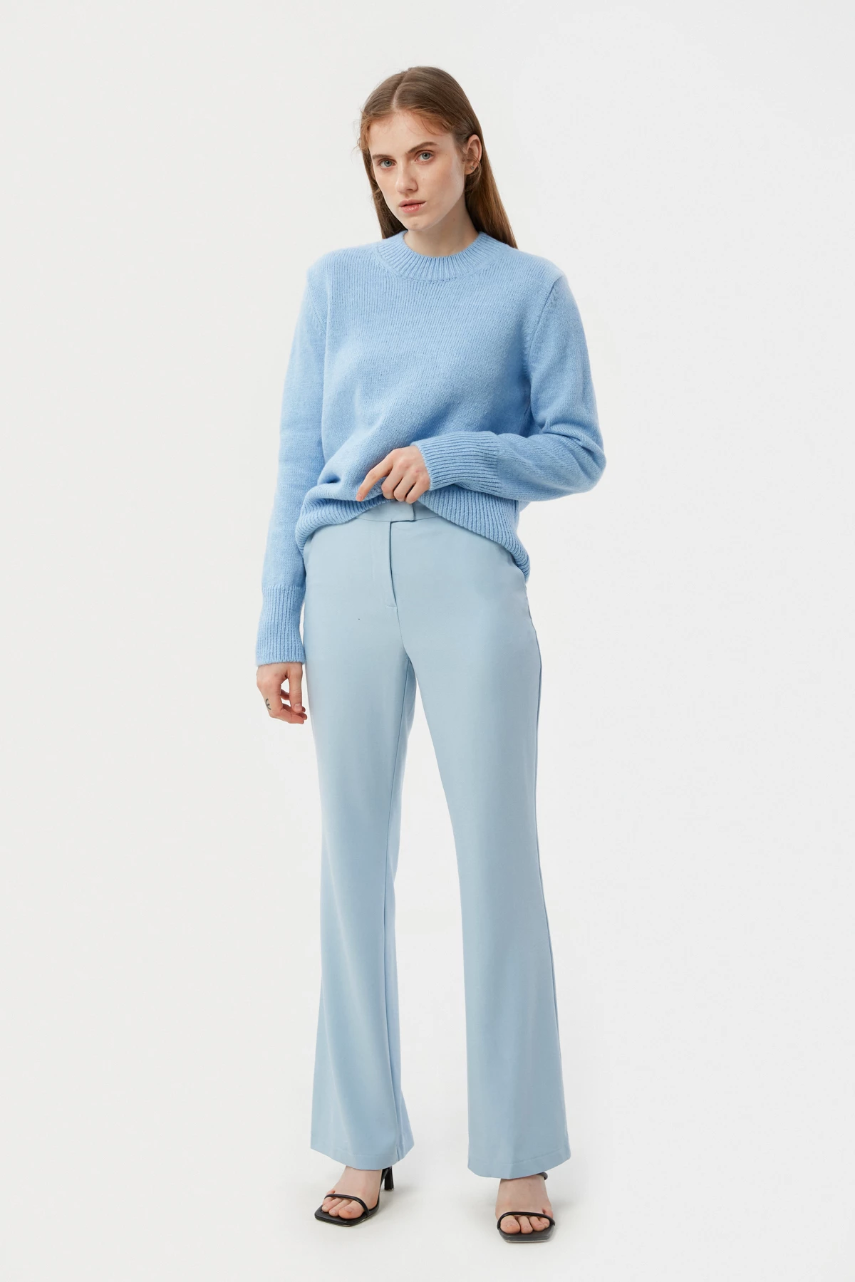 Baby blue flared pants made of suit fabric with viscose, photo 1